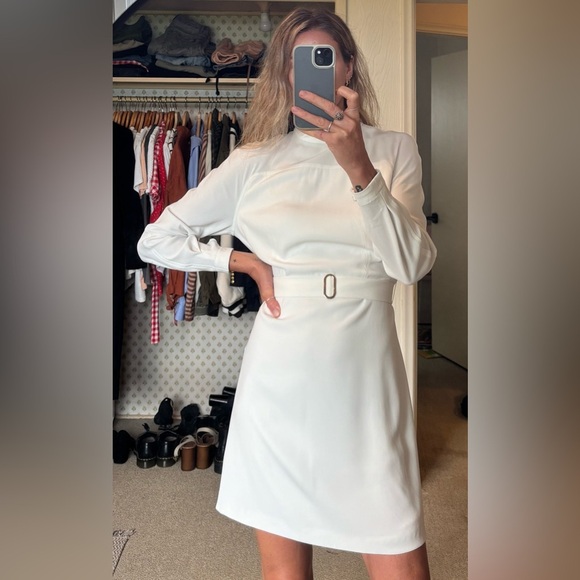 Judith and Charles White Long Sleeve Mock Neck Belted Bridal Holiday Mini Dress - Picture 3 of 16